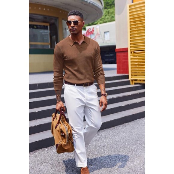 Men's Knit Polo Sweater V-Neck Long Sleeve Dress Pullover Fall Sweater Coffee - Picture 2 of 5